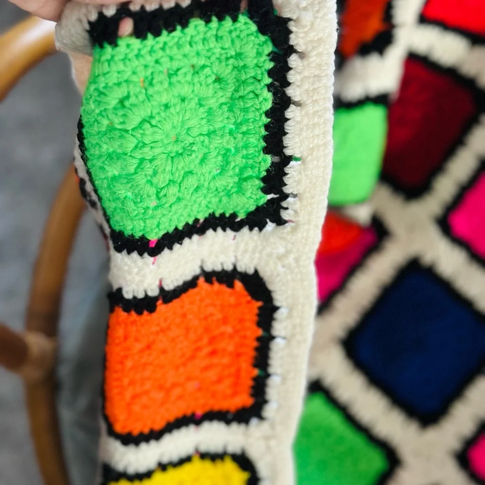 Vintage Colorful Crochet Afghan Blanket - Granny Squares